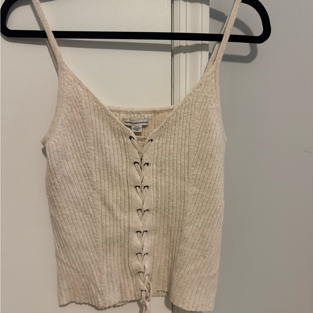 American Eagle Beige Lace-Up Ribbed Top